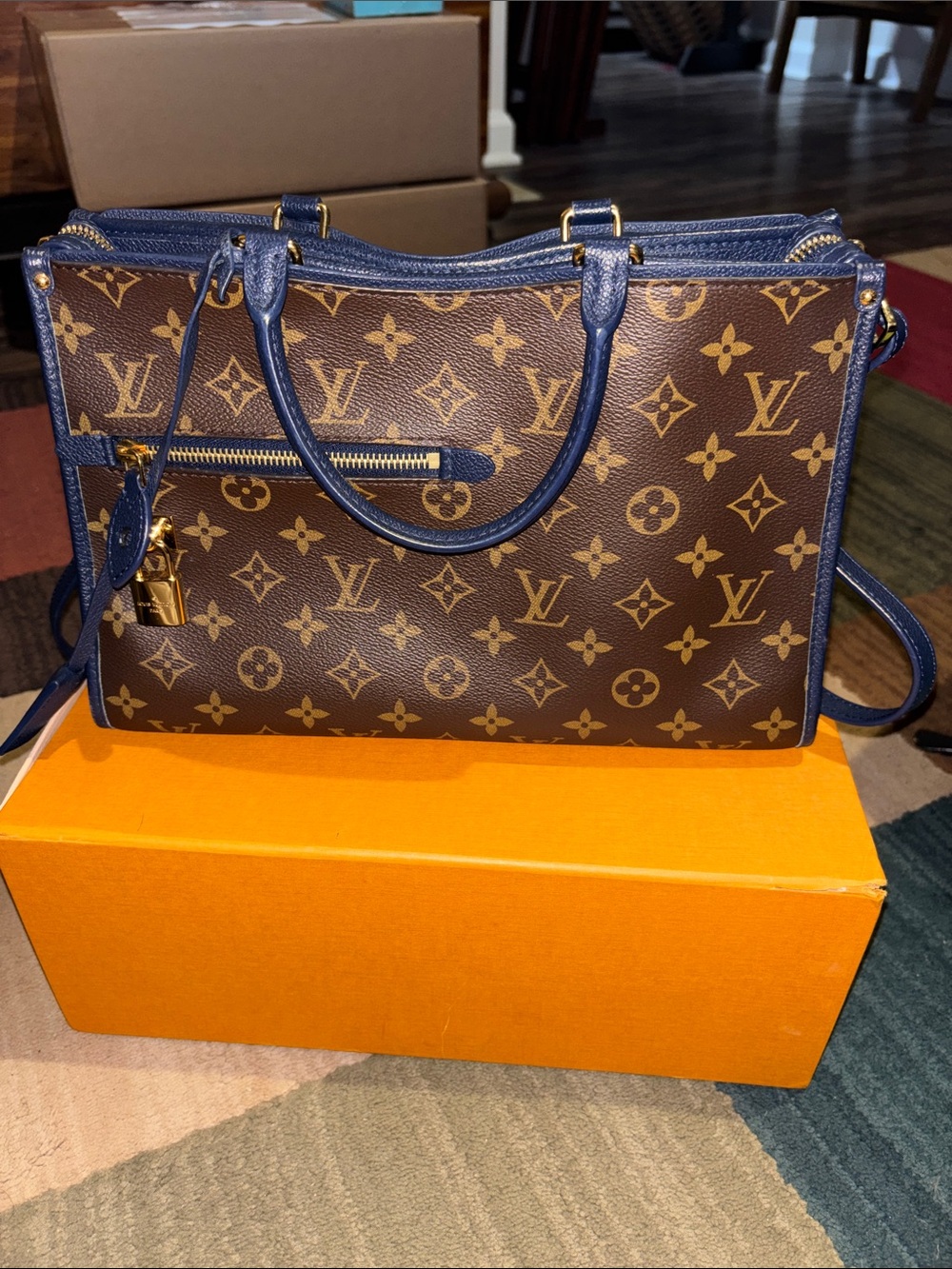 Louis Vuitton Popincourt Brown Monogram Canvas Satchel with Navy Trim